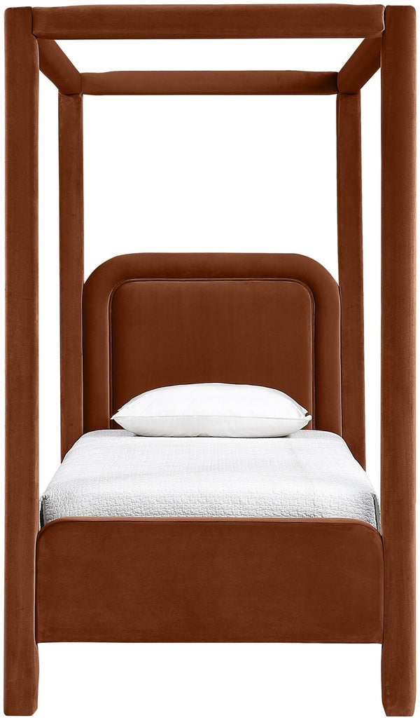 Meridian Furniture Salina Upholstered Twin Canopy Bed Sculptural Four Post Frame for Modern Bedroom Decor Cognac Velvet B1295Cognac-T