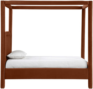 Meridian Furniture Salina Upholstered Twin Canopy Bed Sculptural Four Post Frame for Modern Bedroom Decor Cognac Velvet B1295Cognac-T