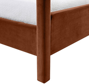 Meridian Furniture Salina Upholstered Twin Canopy Bed Sculptural Four Post Frame for Modern Bedroom Decor Cognac Velvet B1295Cognac-T