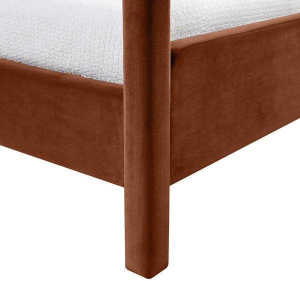 Meridian Furniture Salina Upholstered Twin Canopy Bed Sculptural Four Post Frame for Modern Bedroom Decor Cognac Velvet B1295Cognac-T