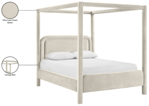 Meridian Furniture Salina Upholstered Canopy King Bed with Sculptural Four Post Frame for Modern Bedrooms Cream Velvet B1295Cream-K