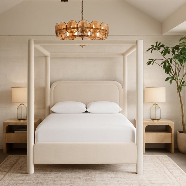Meridian Furniture Salina Upholstered Canopy King Bed with Sculptural Four Post Frame for Modern Bedrooms Cream Velvet B1295Cream-K