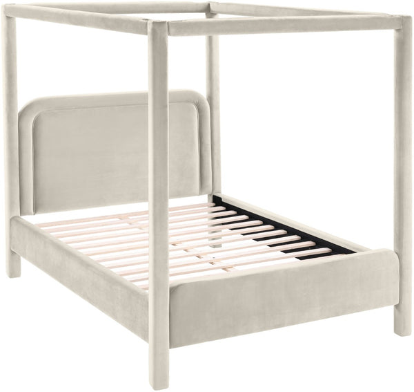 Meridian Furniture Salina Upholstered Canopy King Bed with Sculptural Four Post Frame for Modern Bedrooms Cream Velvet B1295Cream-K