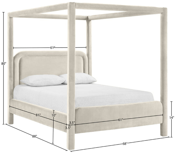 Meridian Furniture Salina Upholstered Canopy Queen Bed Four Post Sculptural Frame for Modern Bedrooms Cream Velvet B1295Cream-Q