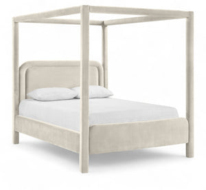 Meridian Furniture Salina Upholstered Canopy Queen Bed Four Post Sculptural Frame for Modern Bedrooms Cream Velvet B1295Cream-Q