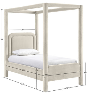 Meridian Furniture Salina Upholstered Twin Canopy Bed Sculptural Four Post Frame for Modern Bedroom Decor Cream Velvet B1295Cream-T
