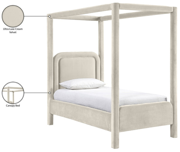 Meridian Furniture Salina Upholstered Twin Canopy Bed Sculptural Four Post Frame for Modern Bedroom Decor Cream Velvet B1295Cream-T