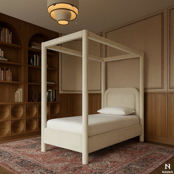 Meridian Furniture Salina Upholstered Twin Canopy Bed Sculptural Four Post Frame for Modern Bedroom Decor Cream Velvet B1295Cream-T