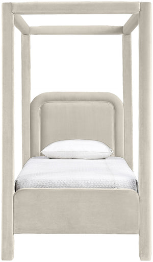 Meridian Furniture Salina Upholstered Twin Canopy Bed Sculptural Four Post Frame for Modern Bedroom Decor Cream Velvet B1295Cream-T