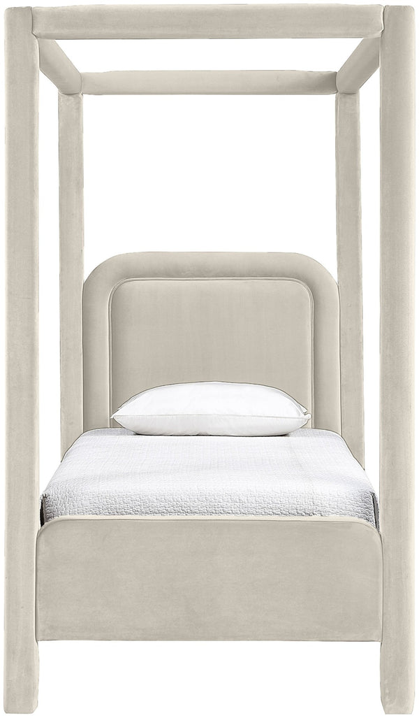 Meridian Furniture Salina Upholstered Twin Canopy Bed Sculptural Four Post Frame for Modern Bedroom Decor Cream Velvet B1295Cream-T