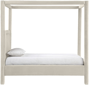 Meridian Furniture Salina Upholstered Twin Canopy Bed Sculptural Four Post Frame for Modern Bedroom Decor Cream Velvet B1295Cream-T