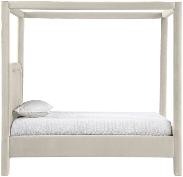 Meridian Furniture Salina Upholstered Twin Canopy Bed Sculptural Four Post Frame for Modern Bedroom Decor Cream Velvet B1295Cream-T