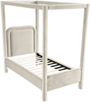 Meridian Furniture Salina Upholstered Twin Canopy Bed Sculptural Four Post Frame for Modern Bedroom Decor Cream Velvet B1295Cream-T