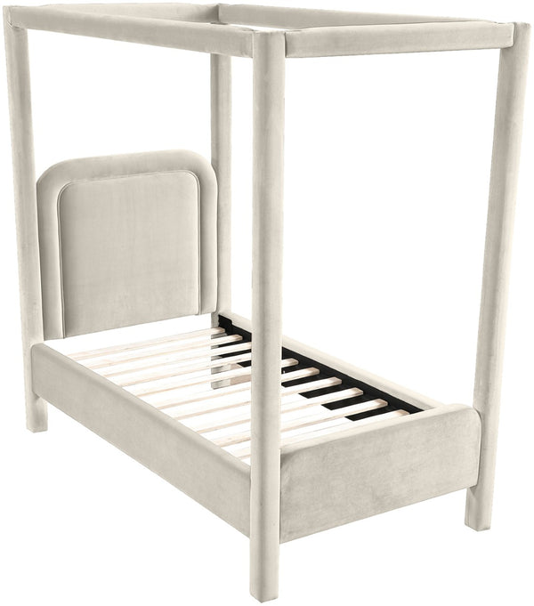 Meridian Furniture Salina Upholstered Twin Canopy Bed Sculptural Four Post Frame for Modern Bedroom Decor Cream Velvet B1295Cream-T