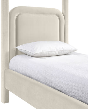 Meridian Furniture Salina Upholstered Twin Canopy Bed Sculptural Four Post Frame for Modern Bedroom Decor Cream Velvet B1295Cream-T