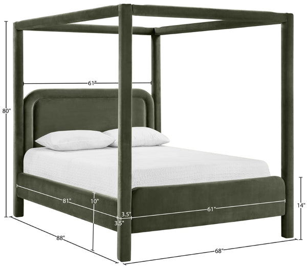 Meridian Furniture Salina Upholstered Canopy Queen Bed Four Post Sculptural Frame for Modern Bedrooms Green Velvet B1295Green-Q