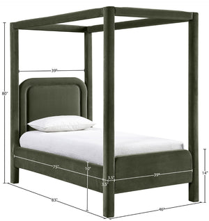 Meridian Furniture Salina Upholstered Twin Canopy Bed Sculptural Four Post Frame for Modern Bedroom Decor Green Velvet B1295Green-T
