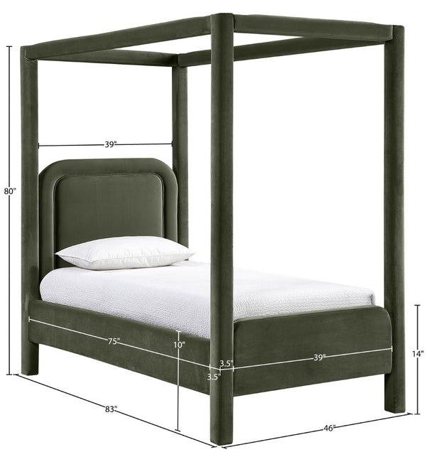Meridian Furniture Salina Upholstered Twin Canopy Bed Sculptural Four Post Frame for Modern Bedroom Decor Green Velvet B1295Green-T