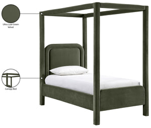Meridian Furniture Salina Upholstered Twin Canopy Bed Sculptural Four Post Frame for Modern Bedroom Decor Green Velvet B1295Green-T