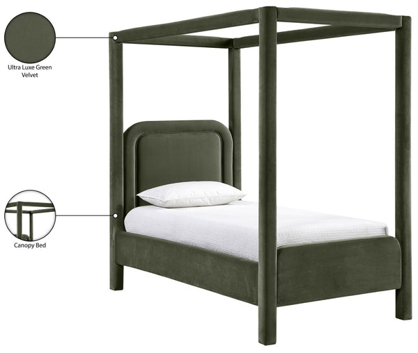 Meridian Furniture Salina Upholstered Twin Canopy Bed Sculptural Four Post Frame for Modern Bedroom Decor Green Velvet B1295Green-T