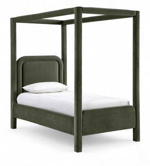 Meridian Furniture Salina Upholstered Twin Canopy Bed Sculptural Four Post Frame for Modern Bedroom Decor Green Velvet B1295Green-T