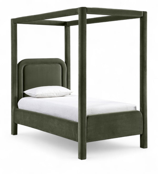Meridian Furniture Salina Upholstered Twin Canopy Bed Sculptural Four Post Frame for Modern Bedroom Decor Green Velvet B1295Green-T
