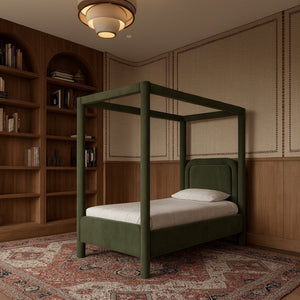 Meridian Furniture Salina Upholstered Twin Canopy Bed Sculptural Four Post Frame for Modern Bedroom Decor Green Velvet B1295Green-T