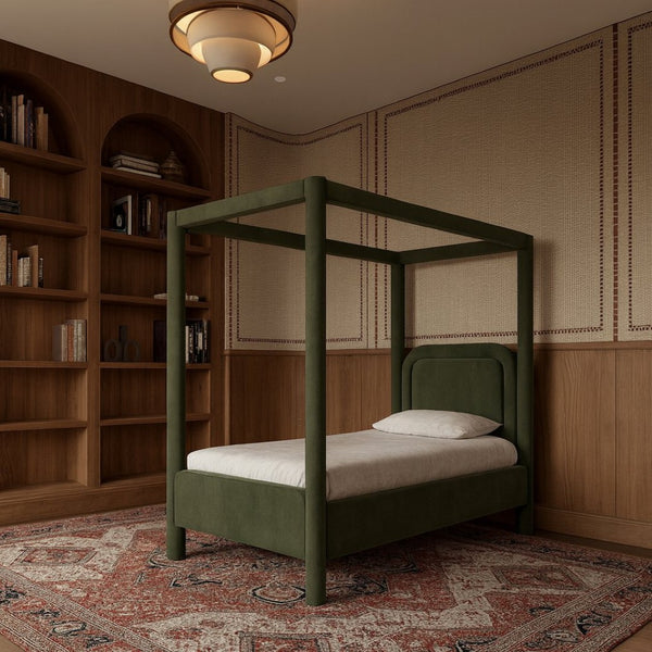 Meridian Furniture Salina Upholstered Twin Canopy Bed Sculptural Four Post Frame for Modern Bedroom Decor Green Velvet B1295Green-T