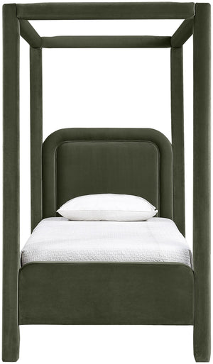 Meridian Furniture Salina Upholstered Twin Canopy Bed Sculptural Four Post Frame for Modern Bedroom Decor Green Velvet B1295Green-T