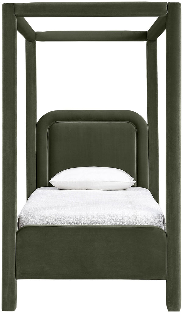 Meridian Furniture Salina Upholstered Twin Canopy Bed Sculptural Four Post Frame for Modern Bedroom Decor Green Velvet B1295Green-T