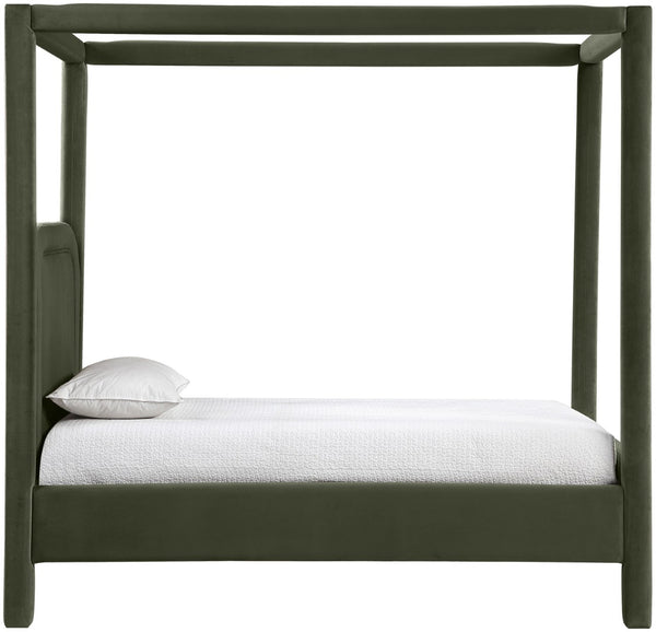 Meridian Furniture Salina Upholstered Twin Canopy Bed Sculptural Four Post Frame for Modern Bedroom Decor Green Velvet B1295Green-T