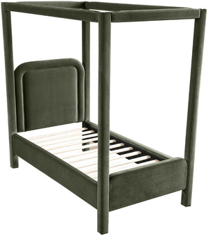 Meridian Furniture Salina Upholstered Twin Canopy Bed Sculptural Four Post Frame for Modern Bedroom Decor Green Velvet B1295Green-T