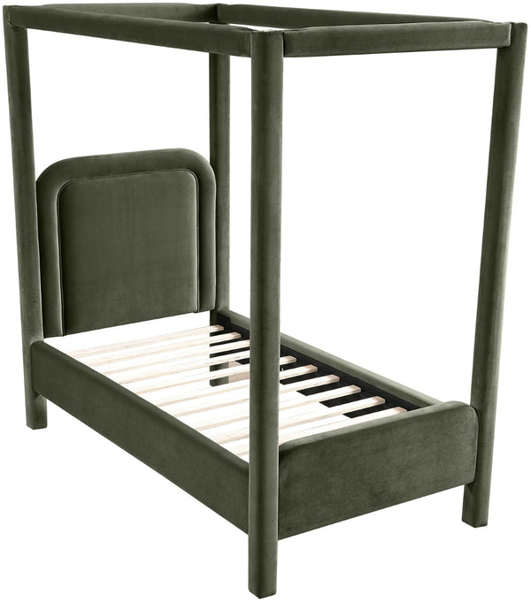 Meridian Furniture Salina Upholstered Twin Canopy Bed Sculptural Four Post Frame for Modern Bedroom Decor Green Velvet B1295Green-T