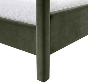 Meridian Furniture Salina Upholstered Twin Canopy Bed Sculptural Four Post Frame for Modern Bedroom Decor Green Velvet B1295Green-T