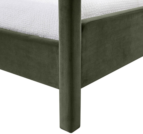 Meridian Furniture Salina Upholstered Twin Canopy Bed Sculptural Four Post Frame for Modern Bedroom Decor Green Velvet B1295Green-T