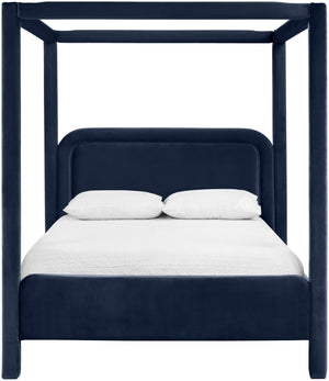 Meridian Furniture Salina Upholstered Canopy King Bed with Sculptural Four Post Frame for Modern Bedrooms Navy Velvet B1295Navy-K
