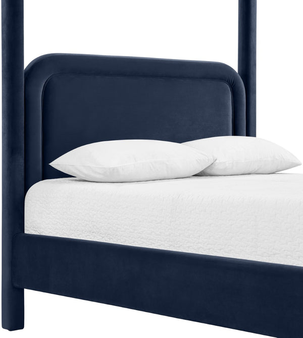 Meridian Furniture Salina Upholstered Canopy King Bed with Sculptural Four Post Frame for Modern Bedrooms Navy Velvet B1295Navy-K