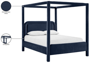 Meridian Furniture Salina Upholstered Canopy Queen Bed Four Post Sculptural Frame for Modern Bedrooms Navy Velvet B1295Navy-Q