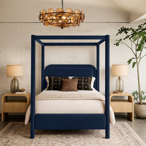 Meridian Furniture Salina Upholstered Canopy Queen Bed Four Post Sculptural Frame for Modern Bedrooms Navy Velvet B1295Navy-Q
