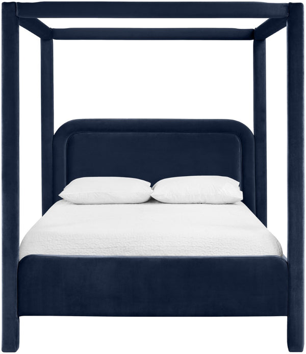 Meridian Furniture Salina Upholstered Canopy Queen Bed Four Post Sculptural Frame for Modern Bedrooms Navy Velvet B1295Navy-Q