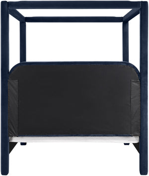 Meridian Furniture Salina Upholstered Canopy Queen Bed Four Post Sculptural Frame for Modern Bedrooms Navy Velvet B1295Navy-Q
