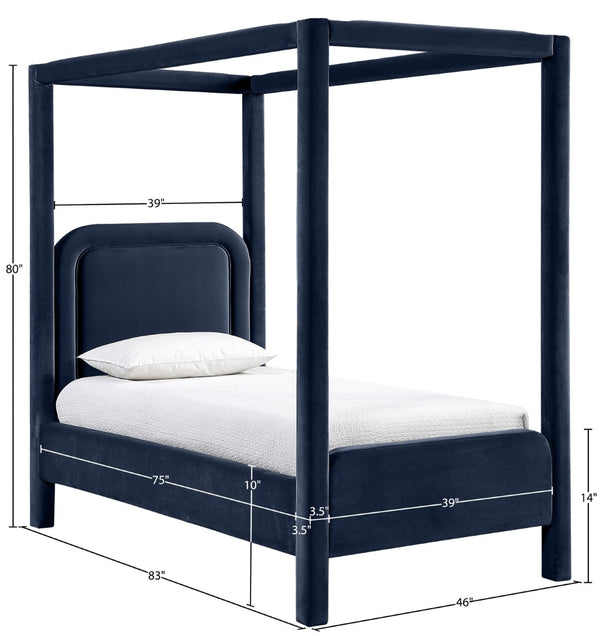 Meridian Furniture Salina Upholstered Twin Canopy Bed Sculptural Four Post Frame for Modern Bedroom Decor Navy Velvet B1295Navy-T