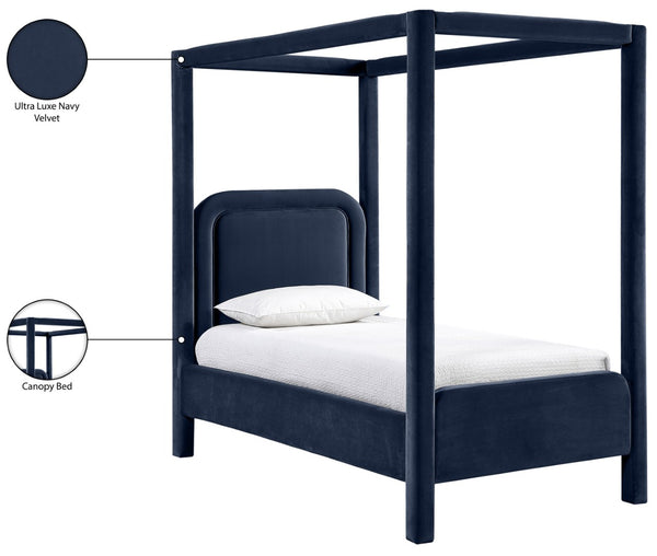 Meridian Furniture Salina Upholstered Twin Canopy Bed Sculptural Four Post Frame for Modern Bedroom Decor Navy Velvet B1295Navy-T