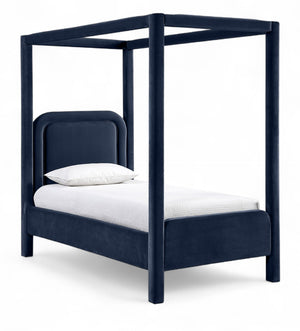 Meridian Furniture Salina Upholstered Twin Canopy Bed Sculptural Four Post Frame for Modern Bedroom Decor Navy Velvet B1295Navy-T