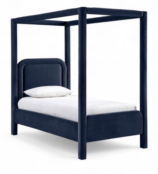 Meridian Furniture Salina Upholstered Twin Canopy Bed Sculptural Four Post Frame for Modern Bedroom Decor Navy Velvet B1295Navy-T