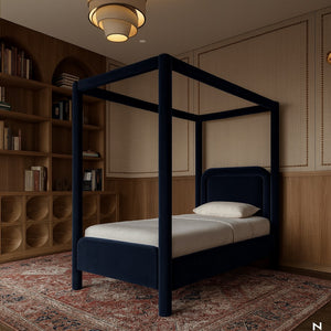 Meridian Furniture Salina Upholstered Twin Canopy Bed Sculptural Four Post Frame for Modern Bedroom Decor Navy Velvet B1295Navy-T