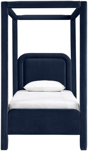 Meridian Furniture Salina Upholstered Twin Canopy Bed Sculptural Four Post Frame for Modern Bedroom Decor Navy Velvet B1295Navy-T