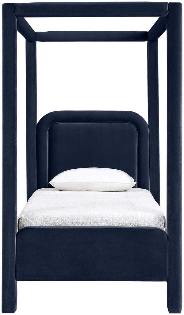 Meridian Furniture Salina Upholstered Twin Canopy Bed Sculptural Four Post Frame for Modern Bedroom Decor Navy Velvet B1295Navy-T
