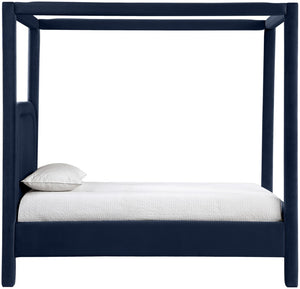 Meridian Furniture Salina Upholstered Twin Canopy Bed Sculptural Four Post Frame for Modern Bedroom Decor Navy Velvet B1295Navy-T