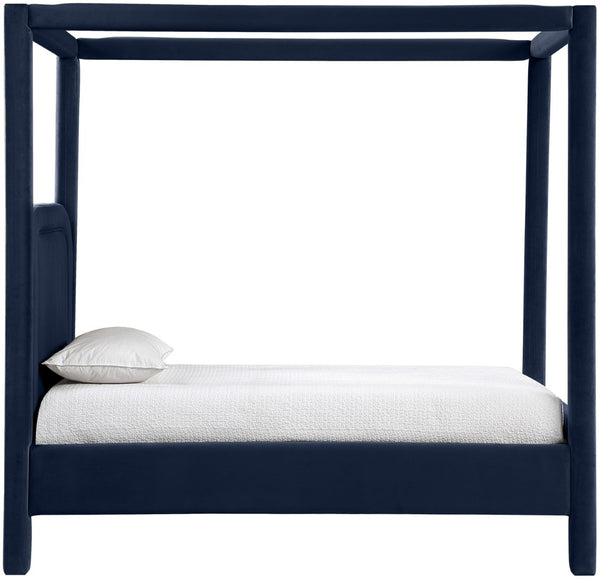 Meridian Furniture Salina Upholstered Twin Canopy Bed Sculptural Four Post Frame for Modern Bedroom Decor Navy Velvet B1295Navy-T